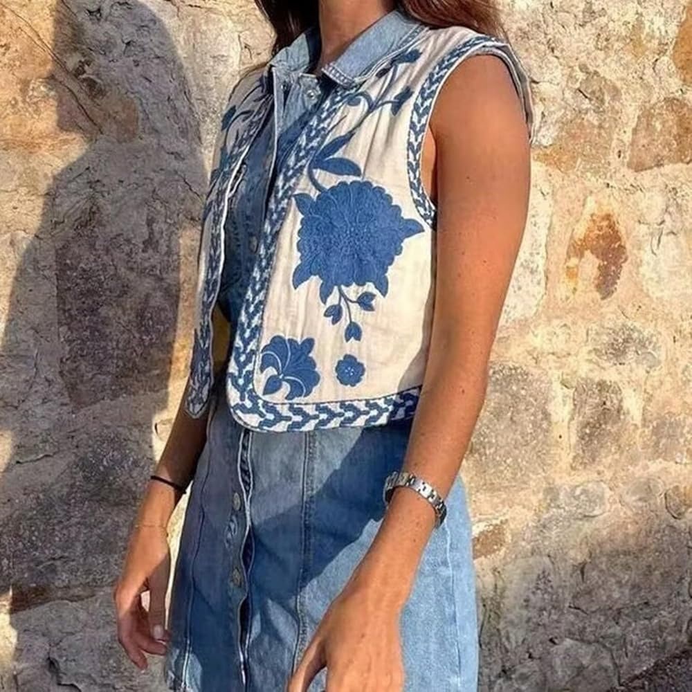 Blue and White Floral Embroidered Vest